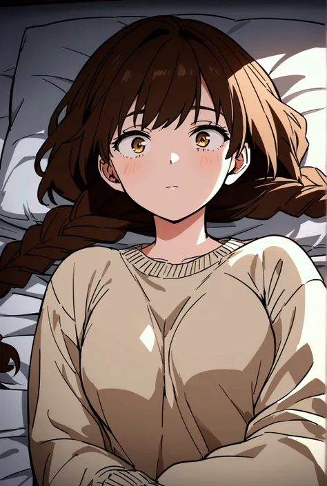  My Hero Academia screenshot of an anime girl with brown hair with two braids and golden eyes, She has a beige sweater lying on the bed 