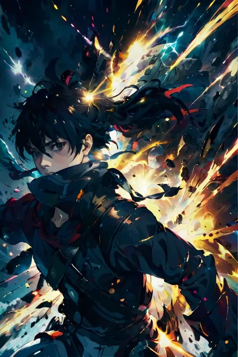 Man with black hair, super fast movement, battling in the middle of war, RPG