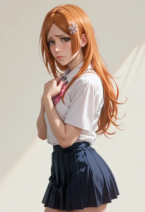 Bleach, inoue orihime, shy, nervous, standing, skirt, school shirt, legs together, hands together, head down, looking at viewer,  close-up side view high quality　 HD　nsfw gang rape 　 ASS VISIBLE THROUGH THREATENS　BEAUTIFUL SM PLAY FILM 