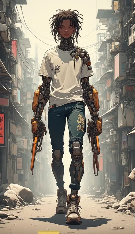 cyberpunk, cyborg, a young African Boy cyborg, Cute small round shaped face, wild short dread locs, glowin g red eyes, light brown skin color, full body, walking towards the east, tall body slim body figure. Ectormorph body type, long light brown colored l...