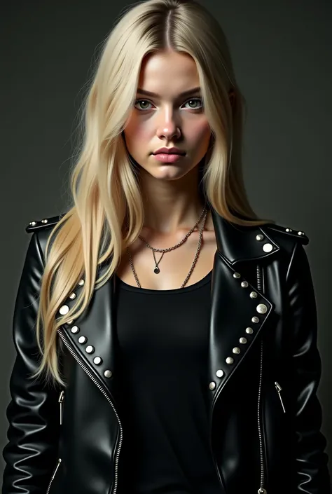 Sixteen year old girl with long blonde hair wearing a black shirt with a leather spiked jacket 