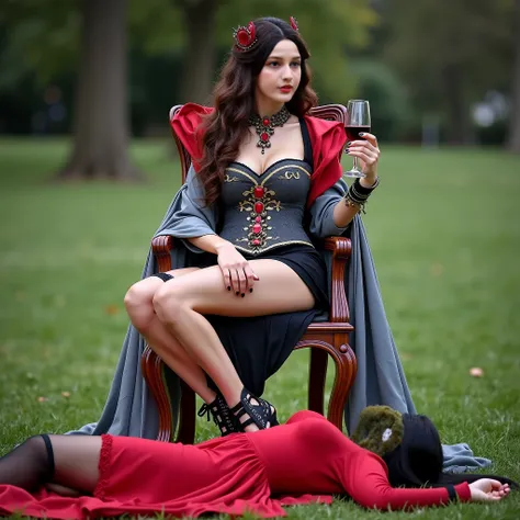 featuring two women in the park.  The main focus is on a woman with long dark brown hair that unravels , wearing elaborate accessories in her hair, sit confidently in a high wooden chair.  He wears an elaborate grey and red outfit, Her outfit consisted of ...