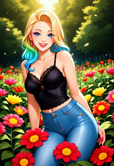 A discreet and casual image of an adult American woman in comic book style, smiling and appearing happy. She is dressed in casual and tasteful clothing, such as a blouse and jeans, with an aaproachable and friendly appearance. The background is vibrant and...