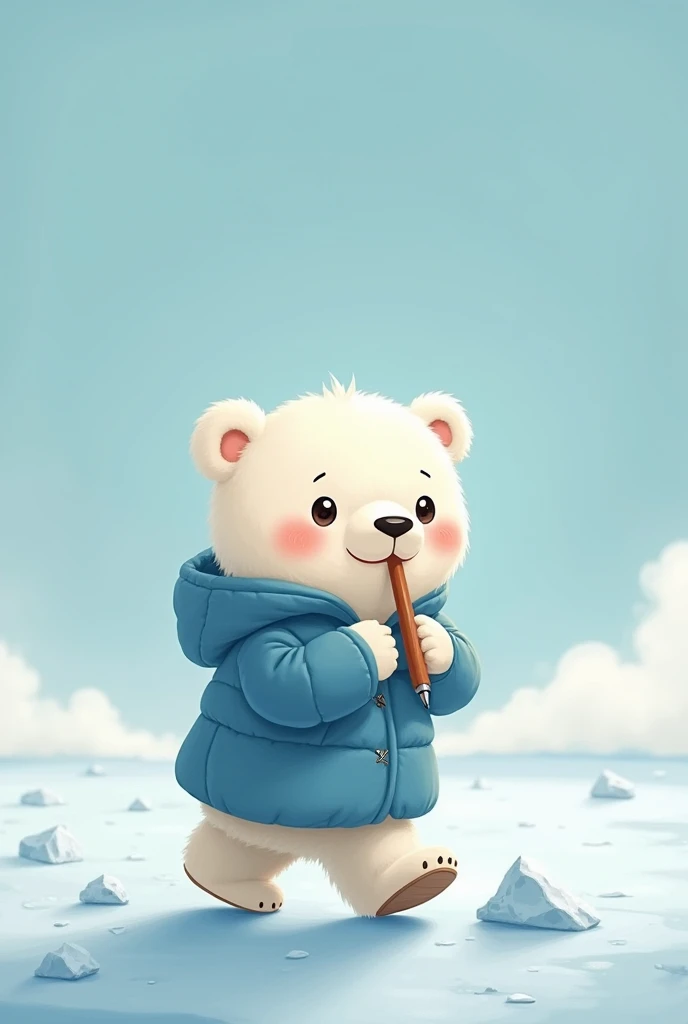 Cuddly polar bear, With blue clothes, Let him come walking sucking a pen and dragging ice  