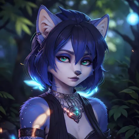 ((krystal)), Star Fox-Krystal, lovable,     green eyes, (((    long blue hair 1  .3))), Decollete, anthro, blurred,  detailed Fluffys fell,    detailed face  , (Fluffy),     1 girl, ,woman, Goth,     green eyes, Undercut,   ultra-realistic 8k CG    ,     m...