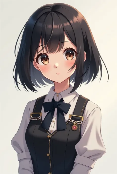 A little anime-style girl with black hair, dressed in formal clothes