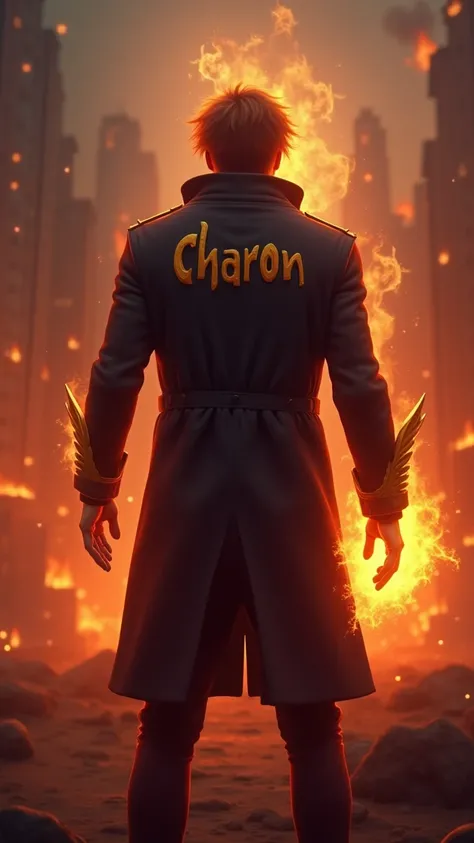 A man from the back with a long jacket with gradient hair on the jacket marked "Charon" In these hands a fireball ,On the background a city on fire Very detailed,  Spark , Divine Rays, 3D rendering, animated, 