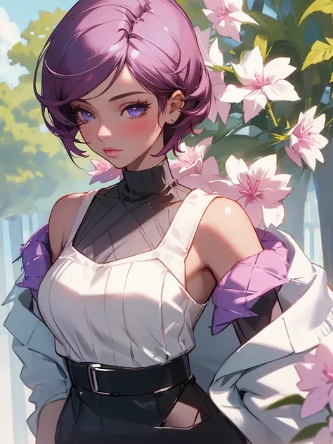 1 girl, influencer, name sophia, , edad16, Alone, (((HAIR SHORT))) ultra realistic, looking at the viewer, morado, bare shoulders, with a flower in her hair ((Honey eyes)), whole body, jacket black, sweater, dress, wiki, off the shoulders, park, ultra real...