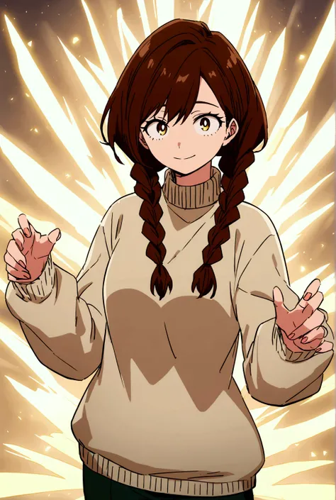  My Hero Academia screenshot of an anime girl with brown hair with two braids and golden eyes, He has a sweater smiling 