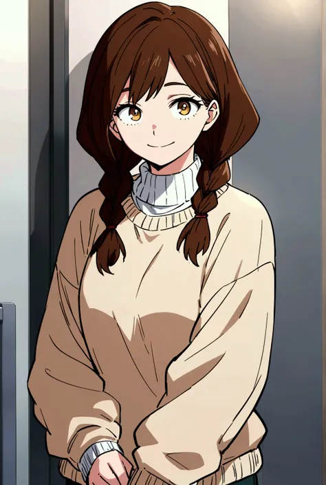  My Hero Academia screenshot of an anime girl with brown hair with two braids and golden eyes, He has a sweater smiling 