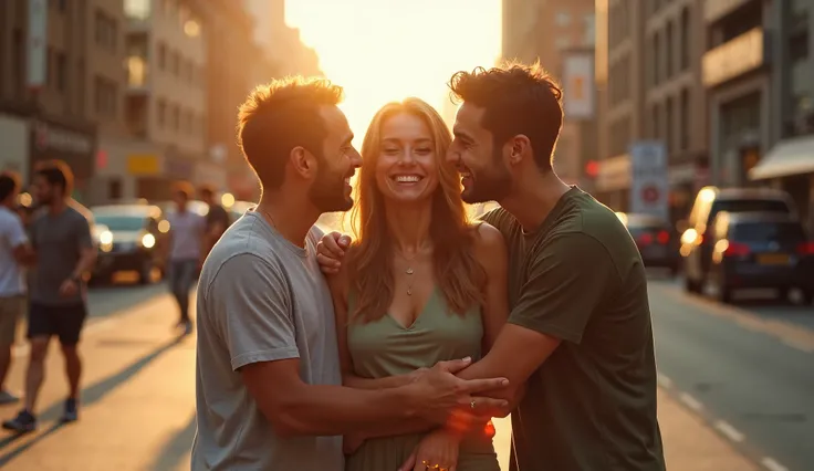 A group of three friends, two men and one woman,  embraced in the middle of a busy city street during the day , smiling and showing affection . They are surrounded by a vibrant urban environment ,  but the connection between them conveys a sense of gratitu...