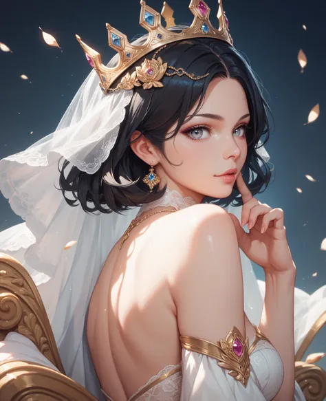 Beautiful girl with short black hair and gray eyes wearing a crown