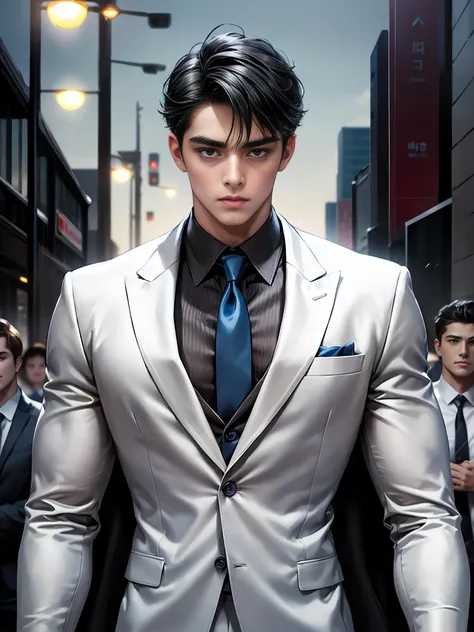  Masterpiece, 最  high resolution,   high resolution,   one man at the office at night,  alone,   muscular build  ,   upper body,  Staring at the Audience  , casual black hair ,    adorable big blue eyes  , white, Noble, Noble,  sexy、 tie and black suit 、co...