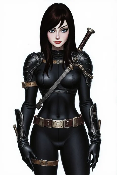 female, early 20s, long straight black hair, gray eyes, pale skin, black lightweight leather armor, knives sheathed and holstered on body, sword strapped to her back