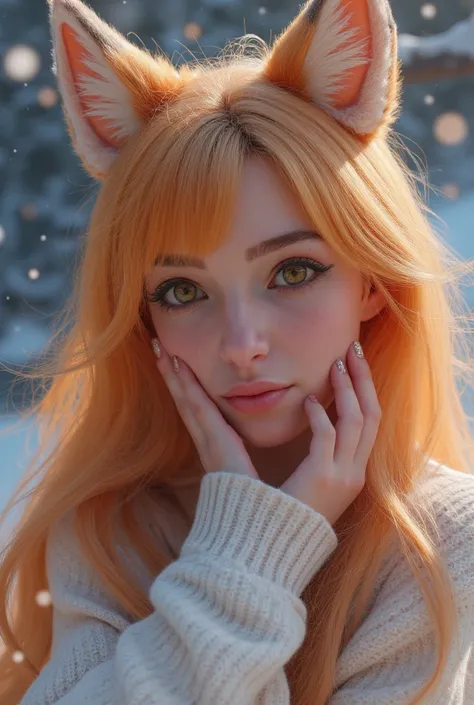  a girl with blond hair with orange tips bangs with little fox ears surrounded by soft cherry blossoms of ice, yellow-green eyes, playful look and bright makeup, hand holding her face with nails decorated with sparkles in the dark of the snowy night pastel...