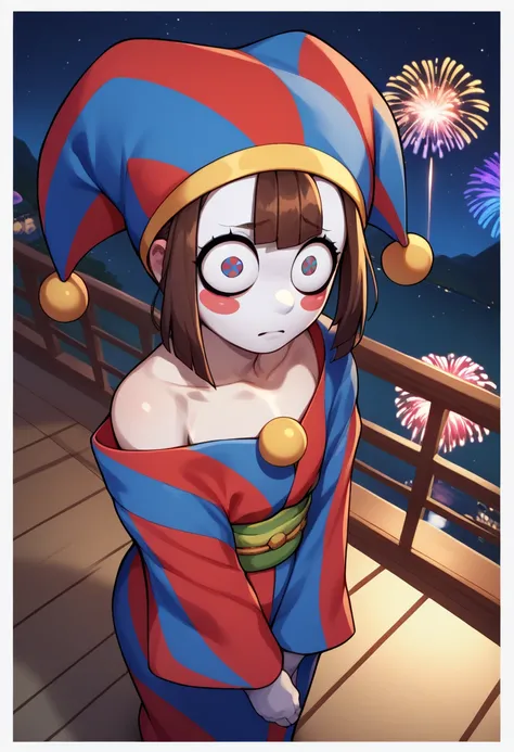 score_9, score_8_above, score_7_above, score_6_above, BREAK behind , kimono,off shoulder,ombro no,night sky, fireworks, looking at the spectator,Remember, colorful skin, blush stickers, jester cap 