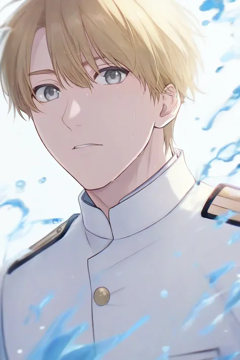 Handsome, man, blonde hair, gray eyes, water colors, white uniform, cross