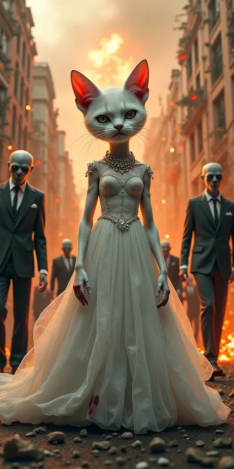 A tall white female cat A white cat wearing a bridal gown, adorned with jewels, is crawling on the ground. The cat appears wounded, with blood on its dress and arm. Its expression conveys despair or suffering.
Background: A burning city with zombies emergi...