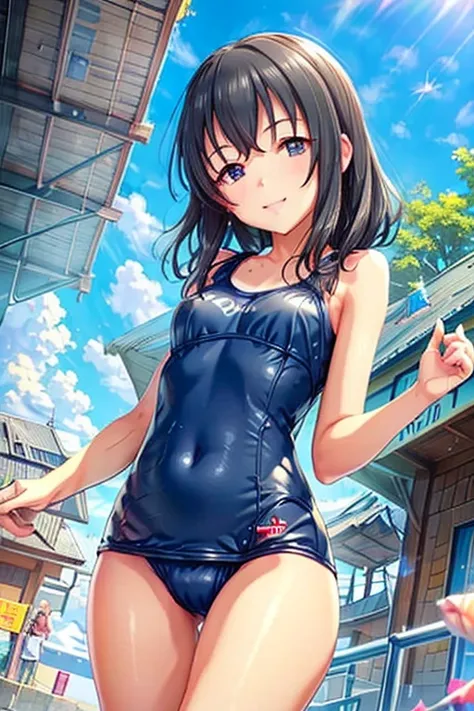 black_hair,  short hair, ( Sparkling Eyes, fine grain)、smile、 super detailed eyes、 highly detailed faces at a pachinko parlor,   Extremely Detailed Eyes ,
 Girl standing in schoolyard, Cumulonimbus clouds in the summer sky , ( school swimsuit:1.1), , ( ver...