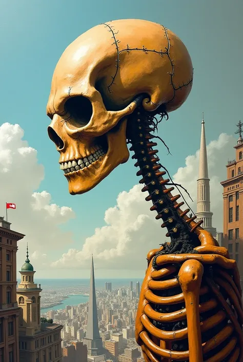 painted art,   surrealism, skeletal creature , inspired by the arts of the artist and painter Trevor Hendson, a imagem mostra uma skeletal creature  gigante em uma cidade, Your head is crooked,  surreal