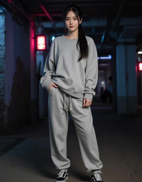 "Minji Han is posing in front of a dimly lit, underground-inspired background, wearing a relaxed and casual outfit. She's dressed in a pair of gray baggy trousers made of a soft, comfortable material, paired with a matching gray sweatshirt that's slouchy a...