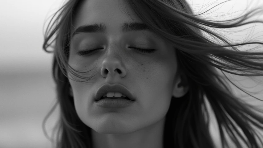 A powerful and emotional black and white photograph of a young woman with her eyes closed, evoking a sense of freedom and introspection. Her hair is caught in motion by the wind, gently flowing across her face and adding a dynamic, almost ethereal feel to ...