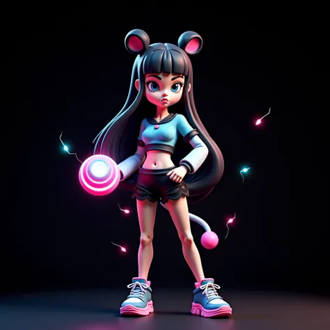 3D rendering of A cute cartoon beautiful  with a monster-like arm, wearing a black and blue knitted bottoming shirt and black transparent lace super shorts, there is a luminous yo-yo, fighting posture, there are many
colorful lightning jumps around, the wh...