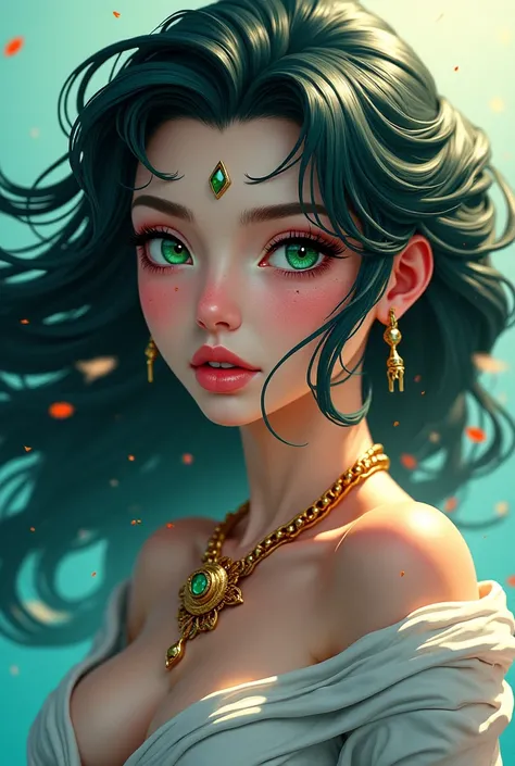 2D anime 
 Woman with green eyes 
Hair like the God Hades of the Underworld 
Dressed like the Goddess Aphrodite 
And necklace of the God Poseidon 