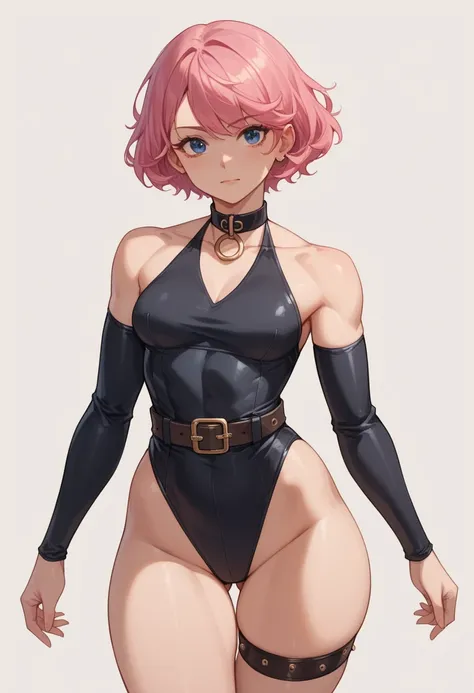 Appearance :  young woman ,  muscular body ,  thick thighs,  medium breasts,  big ass,  pink hair,  short hair,  white skin,  blue eyes,  delicate face Clothes: hud_b1ker, black halterneck leotard, The condominium where the collar , detached sleeves, thigh...