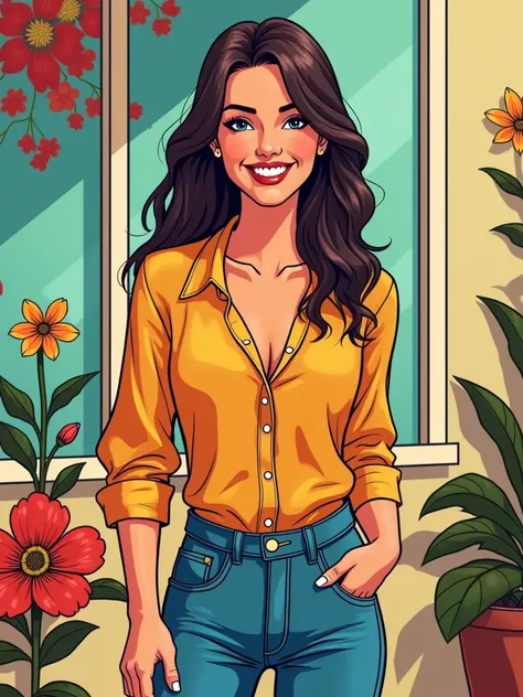 A discreet and casual image of an adult American woman in comic book style, smiling and appearing happy. She is dressed in casual and tasteful clothing, such as a blouse and jeans, with an aaproachable and friendly appearance. The background is vibrant and...