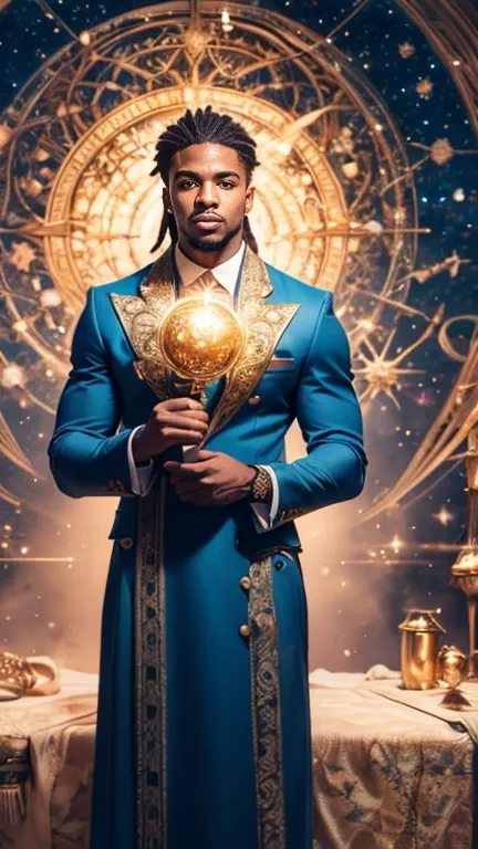 Black man in blue suit With dreadlocks and Angel wings holding a golden compass in front of a table Of artistic instruments and magical tools, Standing alone, Persian fractal patterns in background, Celestial stars fade to black upper image, Camera angle u...