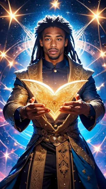 Black man in blue suit With dreadlocks and Angel wings holding a golden compass in front of a table Of artistic instruments and magical tools, Standing alone, Persian fractal patterns in background, Celestial stars fade to black upper image, Camera angle u...