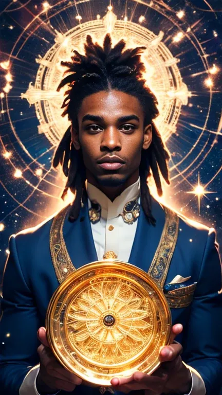 Black man in blue suit With dreadlocks and Angel wings holding a golden compass in front of a table Of artistic instruments and magical tools, Standing alone, Persian fractal patterns in background, Celestial stars fade to black upper image, Camera angle u...