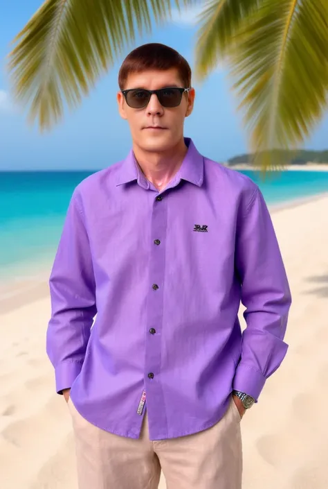 Good-looking man, 30 to 35 years old, light brown skin, wearing a bright lavender-purple long-sleeved shirt and fitted pants of beige and cream color.  Sunglasses in dark frames.  Hair neatly styled, short, dark brown. His expression is confident and calm....