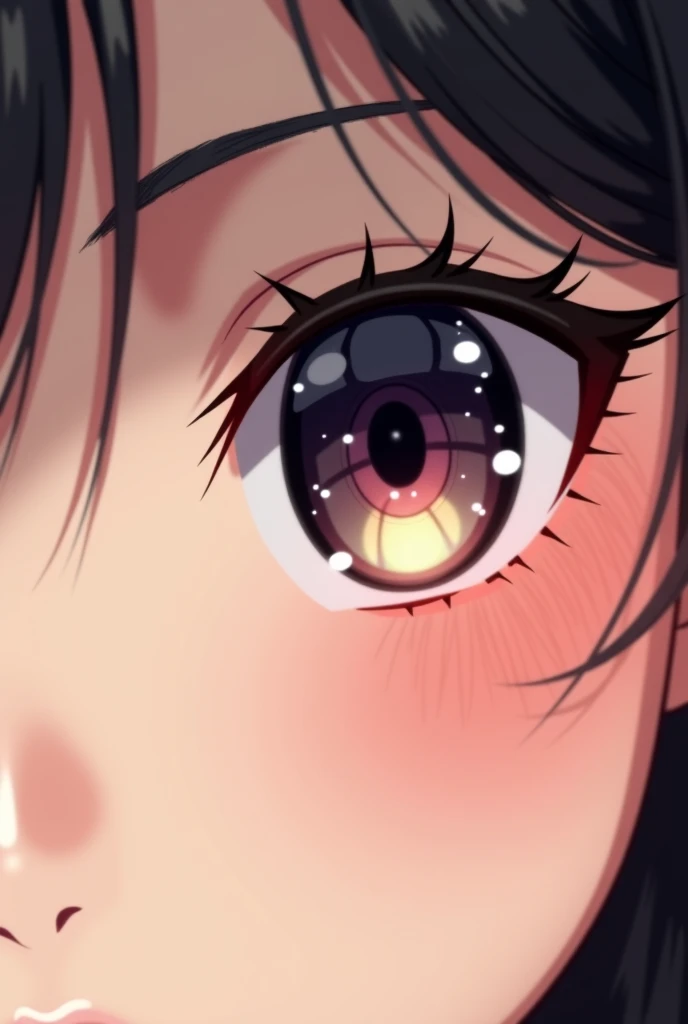 "A hyper-realistic close-up of an Asian woman's eyes with anime-style irises, both eyes fully visible. The eyes should be large, vibrant, and detailed with exaggerated irises, reflecting light with a glossy finish. The eyelashes should be long and delicate...