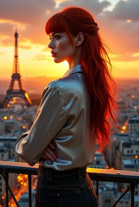 A hyper-realistic steampunk painting captures the essence of a 30-year-old French woman, beauty and sensual with a light profile view. The evil expression on her face contrasts with the vibrant colors and intricate details of the scene. She has long red ha...