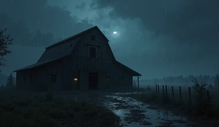 realistic image of a farm barn, empty in the dark, in the illuminated night, cold rain night and macabre liquid darkness