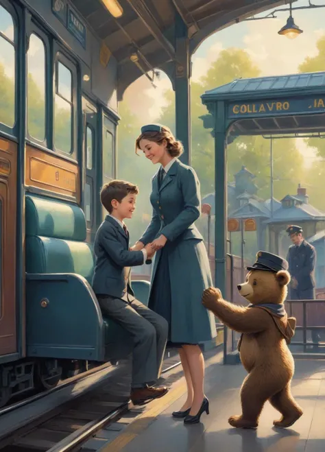 An illustration of a  boy and his mother holding hands and getting on a train. A cute bear conductor is in the driver's seat. The background is a station platform.