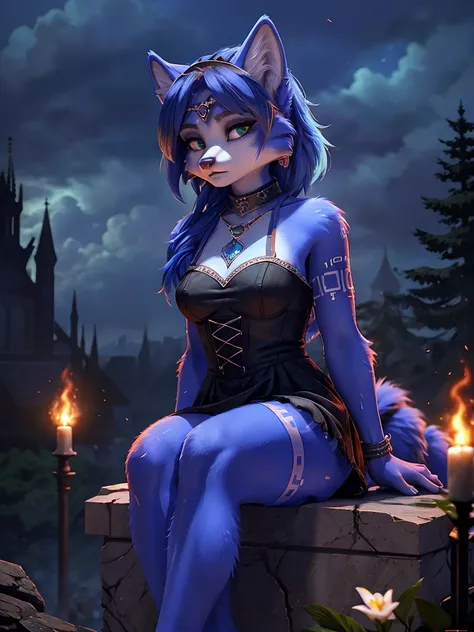 ((krystal)), Star Fox-Krystal, lovable,     green eyes, (((    long blue hair 1  .3))), Decollete, anthro, blurred,  detailed Fluffys fell,    detailed face  , (Fluffy),     1 girl, ,woman, Goth,     green eyes, Undercut,   ultra-realistic 8k CG    ,     m...