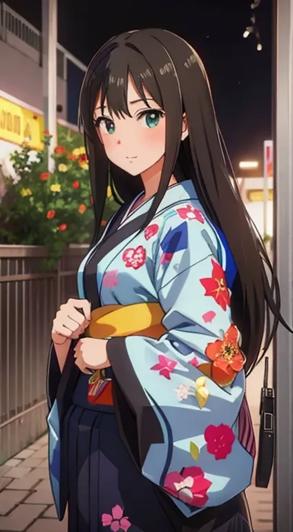  high school girl ,  kimono, moon,  happy.