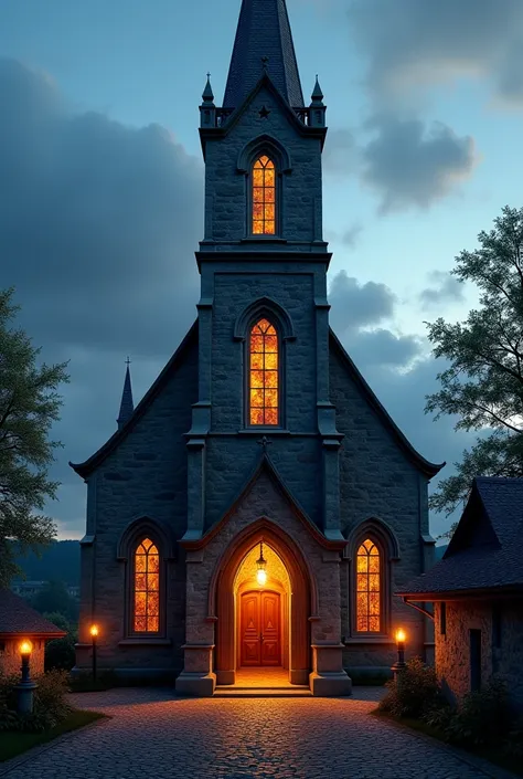 Entrance to an imposing village church at dusk with the doors open and showing the inside of the church 