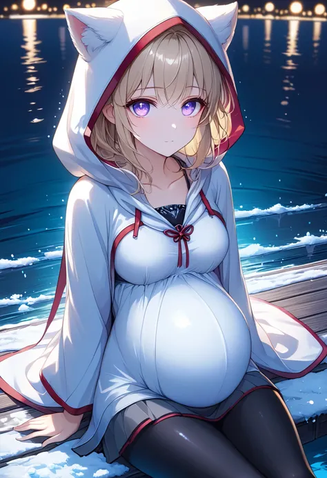 High Resolution, High Quality, High Detail, frozen dock, night, 1girl, blonde hair, violet eyes, medium breasts, white cat hood, white cloak, white camisole with red trim, grey skirt, black leggings, sandals, looking at viewer, arms behind back, reaching f...