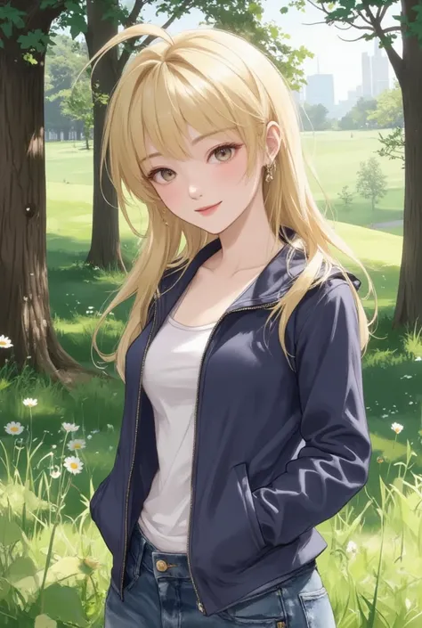 Cute blonde tween girl in a park, wearing an unzipped blue jacket, white tee-shirt and faded blue denims.