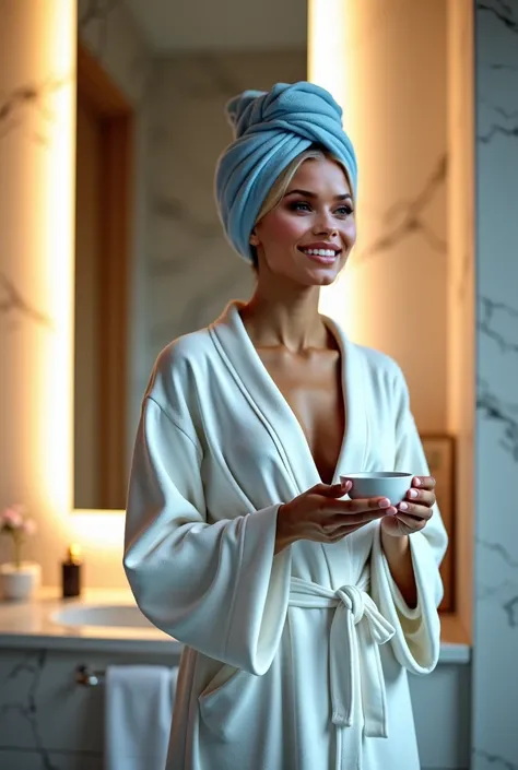  A stunning and elegant woman ,  wearing a luxurious white robe ,  with a towel wrapped around her head ,  in a sophisticated and modern bathroom .  She is standing in front of an illuminated mirror ,  with a light smile of satisfaction ,  holding a cup of...