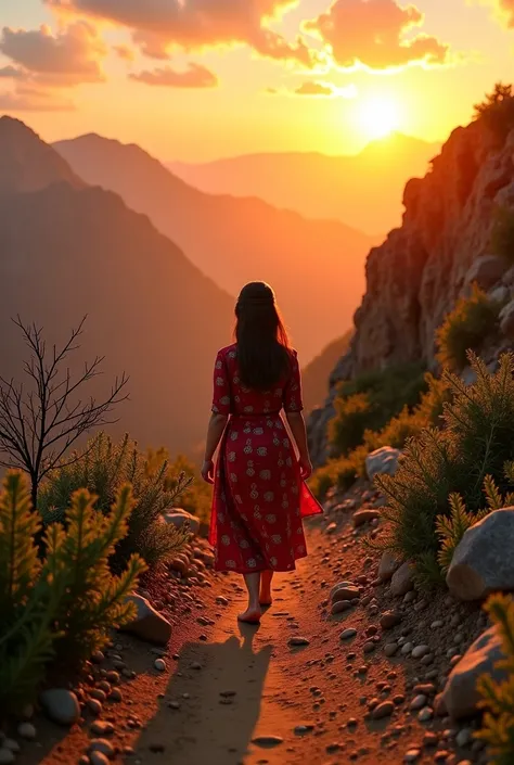 A Sindhi woman climbing a mountain, a photo of her feet bare and a scene of sunset, some greenery in the mountain, the woman sitting tired, and above it, the poem of the Shah of Three Seats is written. This poem is: I have not gathered the fairies, you hav...