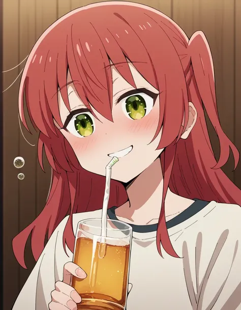 score_9, score_8_up, score_7_up, source_anime,
kitaikuyo, ikuyo kita, green eyes, hair between eyes, long hair, one side up, red hair,,,
, 
,, (drinking Liquor), drunk, , indoor, smile, upper body