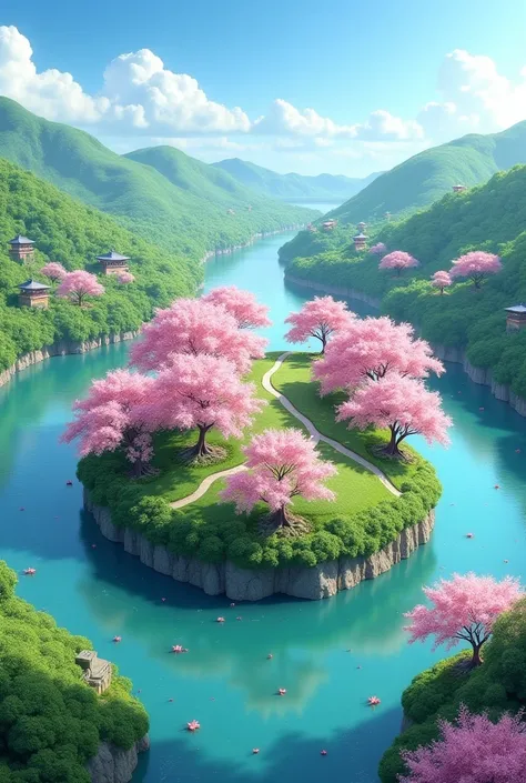 The circular river has an island in the middle... with cherry blossoms on the riverbank, a natural view of Japan