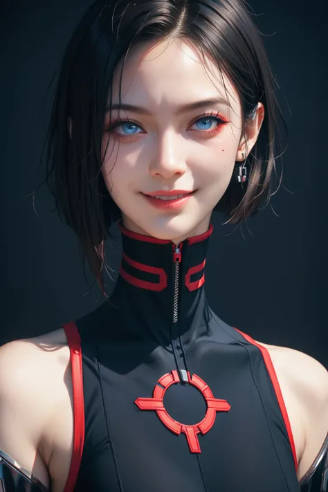  Top Quality 、 Masterpiece、  Ultra High Definition Cyberpunk Background 、（Photo resolution  ：1.4）   Right above an ultra high definition movie        、       girl with black hair bob cut、face close-up upper body     、smile 、1 person、   Blue Eye  、 metallic...