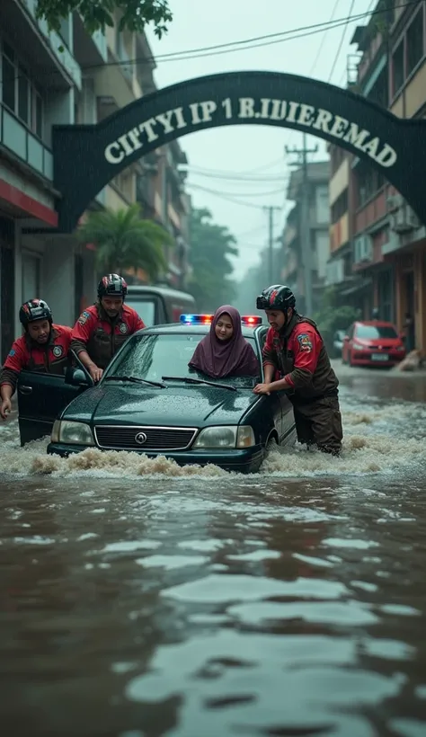 Indonesian woman in hijab trapped in flood in car helped by bpnd team there is an archway that says CITY OF LANGANAN FLOODED