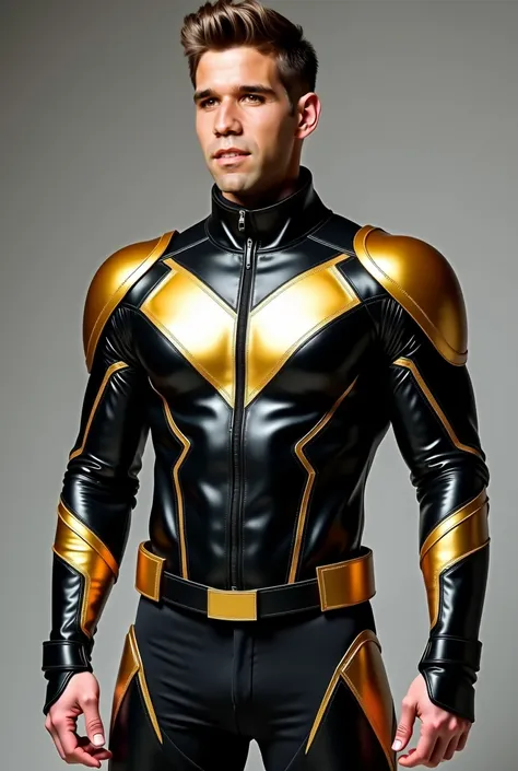 "Create an image of a man wearing a black and gold superhero-style leather jacket inspired by the provided costume. The jacket should feature metallic gold accents and angular, futuristic patterns, combined with a predominantly black base. It should have a...